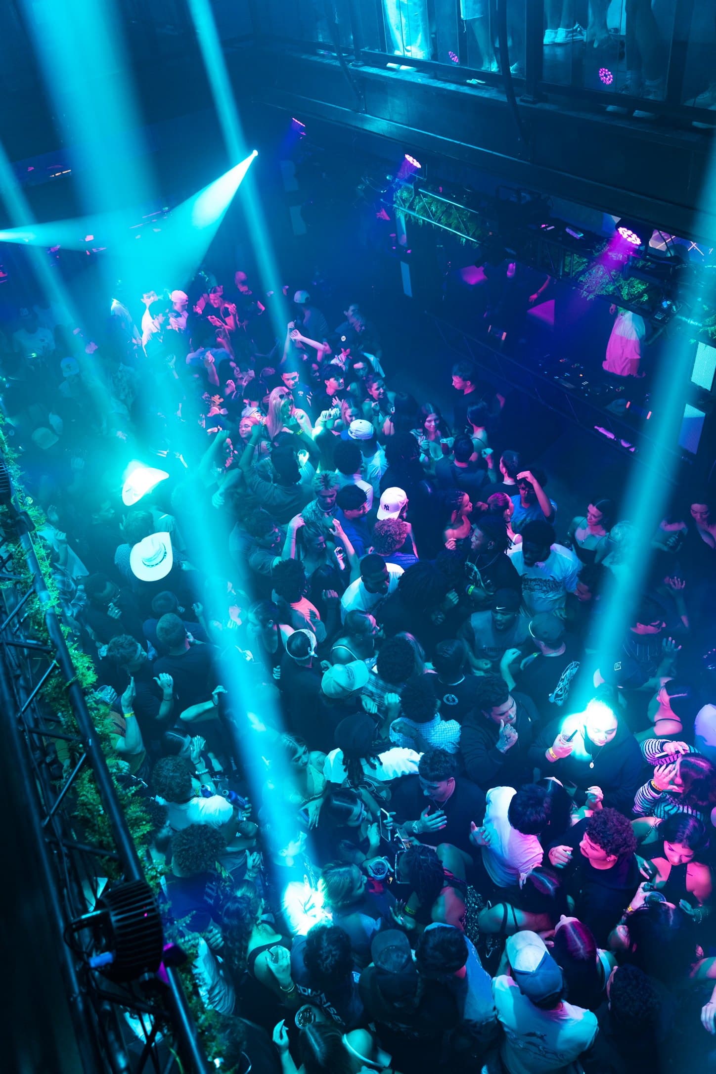 Inside CTRL in downtown Springfield on a Saturday: moving-light beams and lasers over a full floor, with the lighting truss, LED wall and booth above